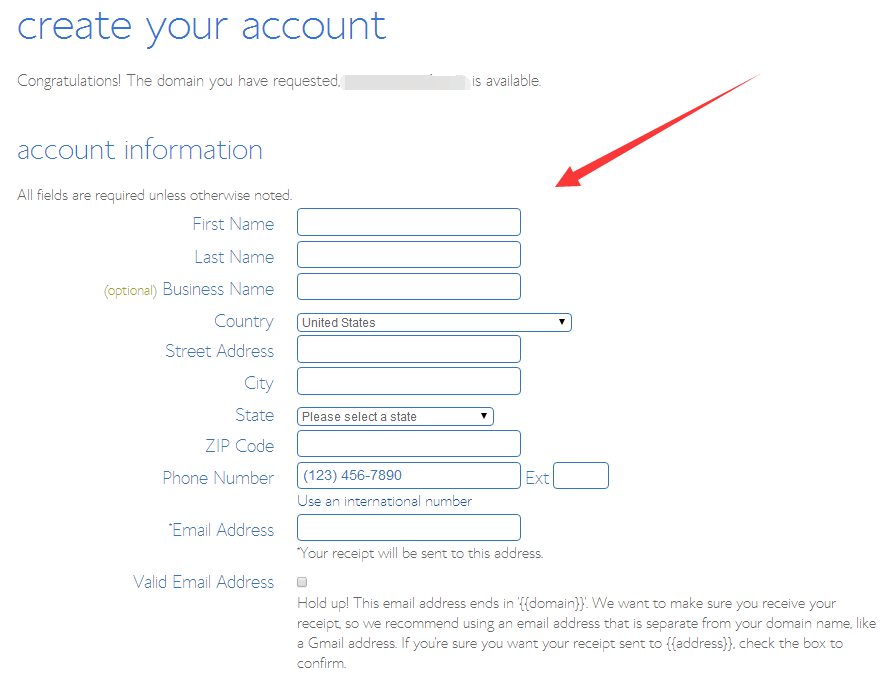 bluehost create your account