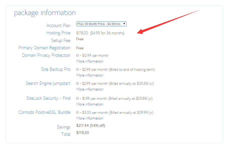 bluehost package information