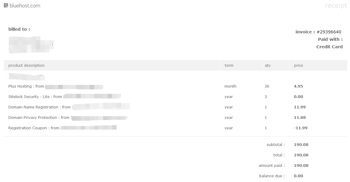 bluehost receipt