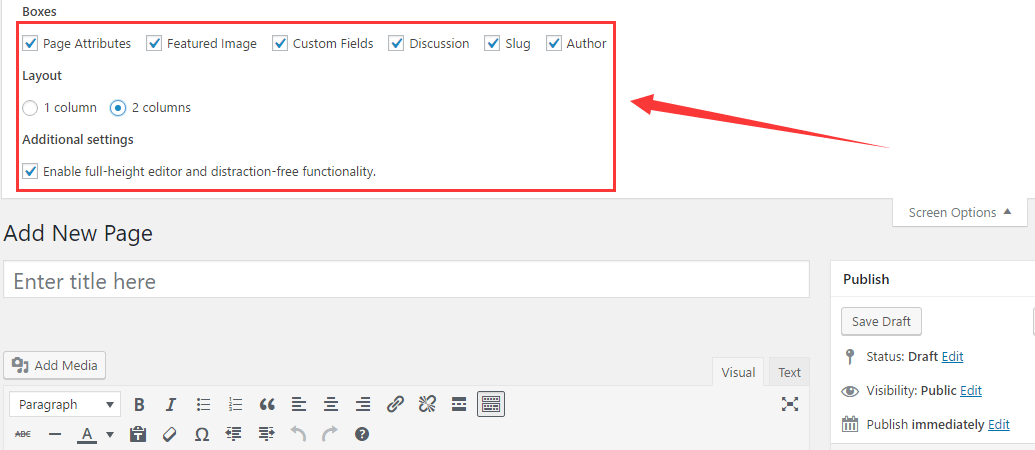 page screen options settings