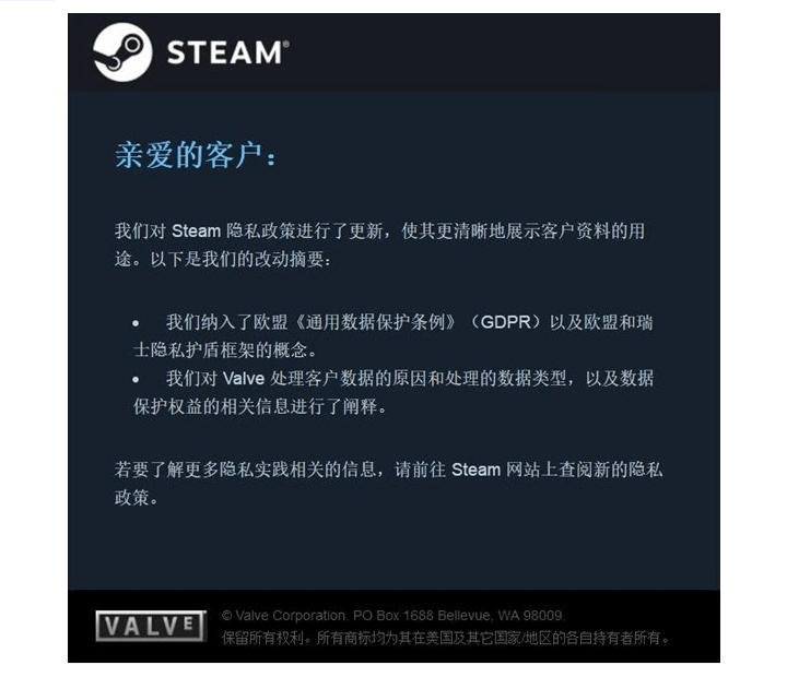 steam GDPR的声明