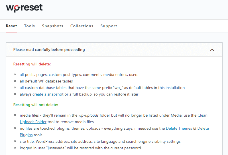 wp reset设置页面