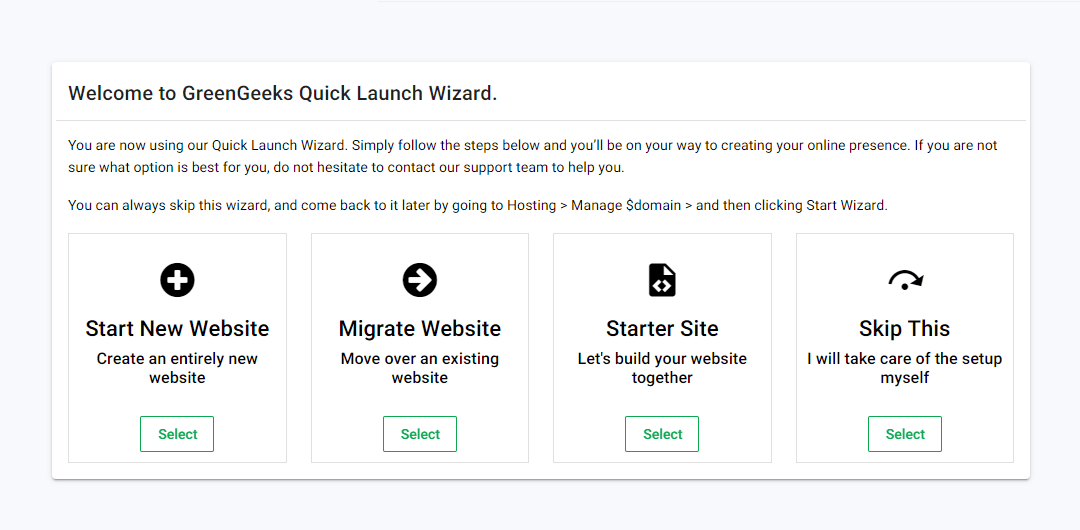 GreenGeeks Quick Launch Wizard